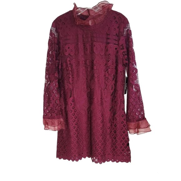 Lulu's Women's Burgundy Lace Long Sleeve Dress Lined Keyhole Back Size Large NWT - Picture 3 of 12